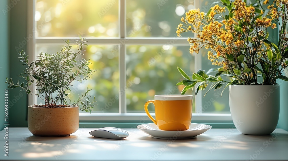 Serene workspace ambiance featuring morning light, potted plants, and a beverage Serene workspace ambiance featuring morning light, potted plants, and a beverage