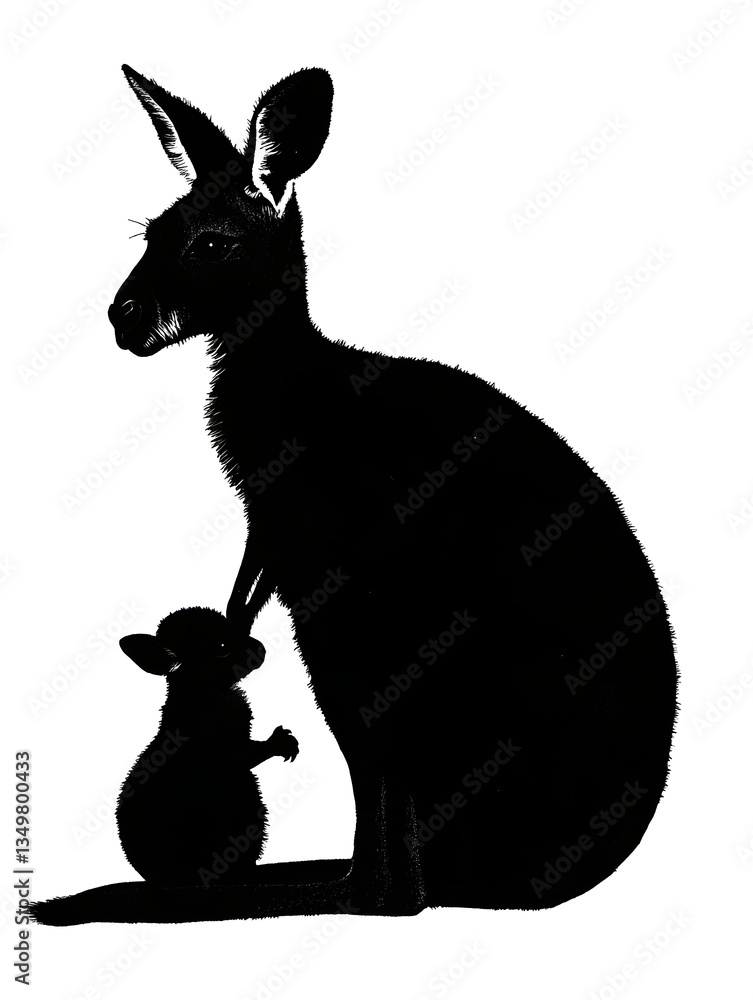 Naklejka premium Silhouette Art: Mother Kangaroo and Joey in Australian Wildlife Conservation