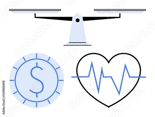 Scale balancing above a dollar coin and heartbeat line symbolizes the trade-off between financial considerations and health. Ideal for healthcare, finance, wellness, economic decisions, insurance
