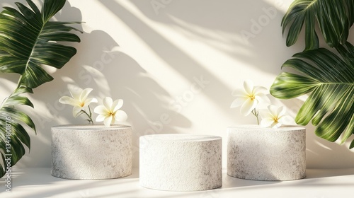Minimalist beige podiums with tropical flowers and leaves