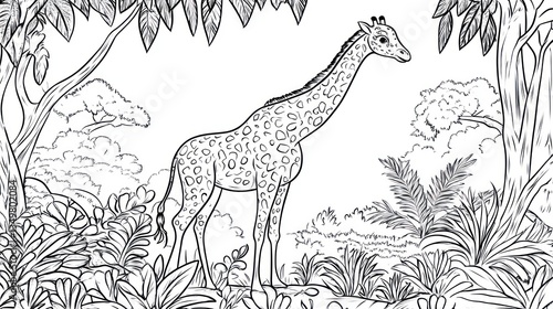 Giraffe in African savanna, coloring page, jungle background, educational
