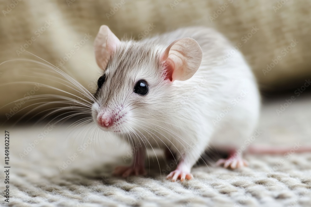 Adorable pet rat cautiously exploring a soft, textured surface Adorable pet rat cautiously exploring a soft, textured surface
