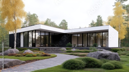 Wallpaper Mural Modern, minimalist home nestled in a serene forest setting.  Exterior features clean lines, a combination of black and white, and large windows.  Landscaped yard with rocks and greenery Torontodigital.ca