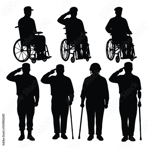 Silhouettes of Veterans in Wheelchairs and Soldiers Saluting