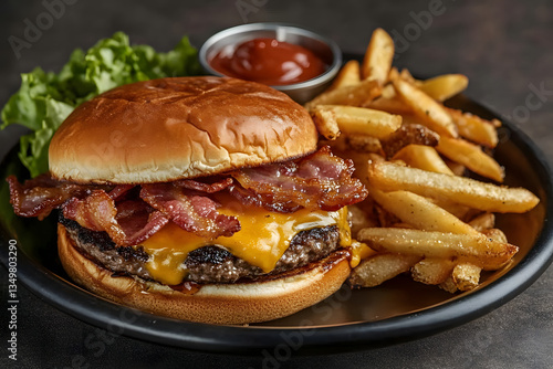 Wallpaper Mural Bacon cheeseburger with fries and ketchup on a black plate Torontodigital.ca