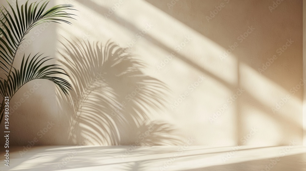 Fototapeta premium Serene Sunlight: Palm Shadow Play on Beige Wall
