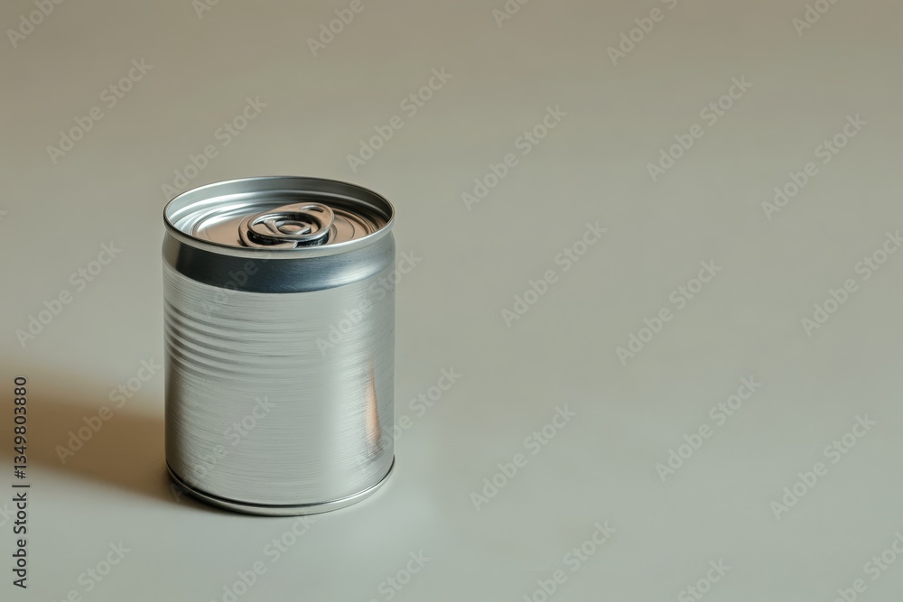 A cylindrical silver can with a pull tab on a surface A cylindrical silver can with a pull tab on a surface