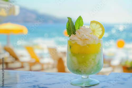 Fototapeta Naklejka Na Ścianę i Meble -  Tropical Lemon and Mint Granita in Elegant Glass with Ocean View