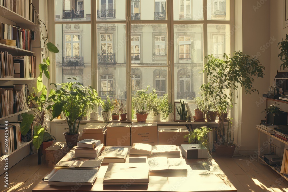 Cozy indoor workspace filled with books and plants, sunlight streaming through large windows Cozy indoor workspace filled with books and plants, sunlight streaming through large windows