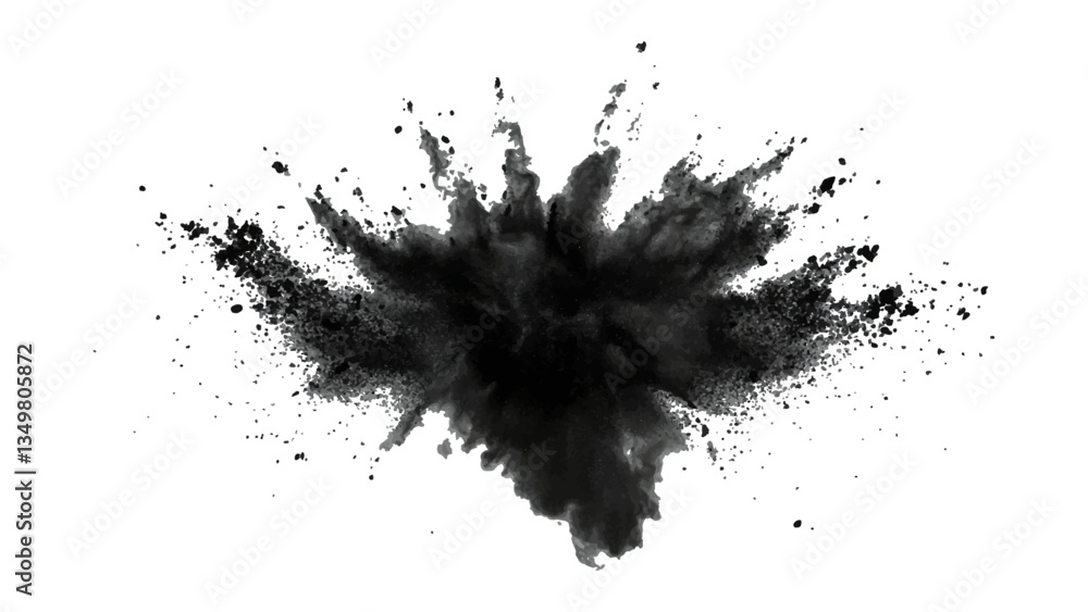 Black powder explosion on white background. Vector black dust explode. Paint holi. Black vibrant rainbow holi paint color powder explosion with bright colors isolated white background. Black powder explosion on white background. Vector black dust explode. Paint holi. Black vibrant rainbow holi paint color powder explosion with bright colors isolated white background.