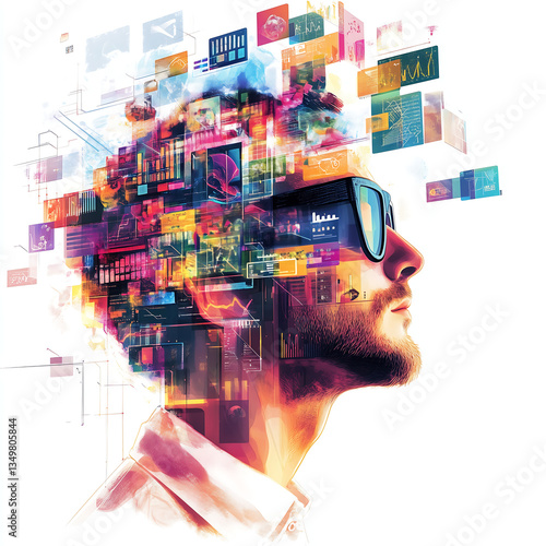 Profile of a software developer visualizing colorful code, data, and digital information flowing through his mind