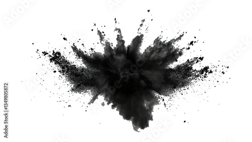 Black powder explosion on white background. Vector black dust explode. Paint holi. Black vibrant rainbow holi paint color powder explosion with bright colors isolated white background.	