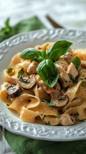 Delicious Homemade Fettuccine With Mushrooms and Fresh Basil Served in a Whit...