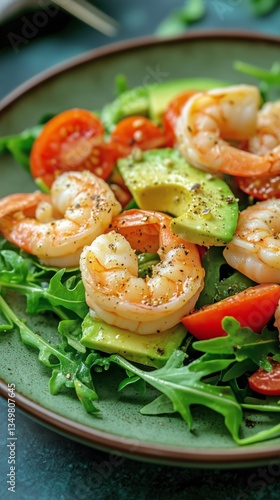 Fresh Salad With Shrimp, Avocado, and Cherry Tomatoes on a Green Plate