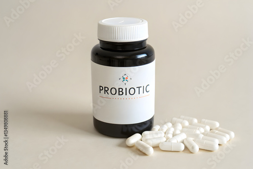Professional Grade Probiotics in Dark Container with White Capsules, Digestive Wellness Concept