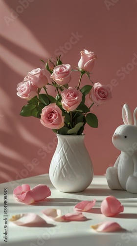 Elegant Display of Pink Roses on a Marble Pedestal in Soft Lighting
