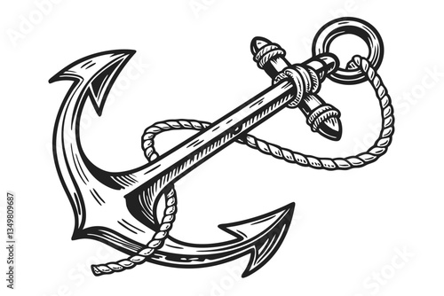 39 Vintage anchor illustration, detailed metallic texture, black and white, high contrast, weathered appearance, nautical symbol, heavy iron design, maritime emblem, intricate engraving style, antique