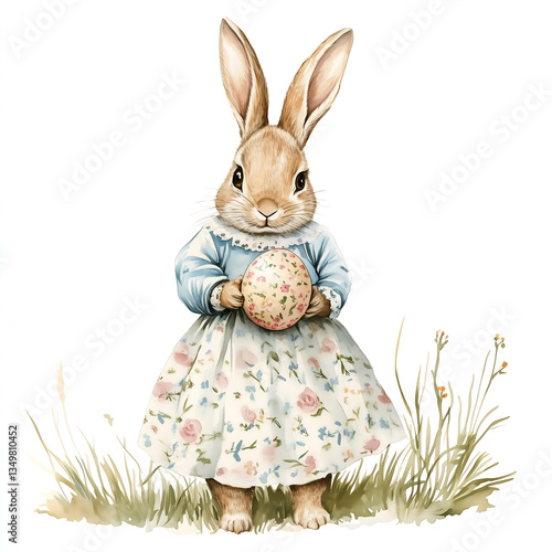 Cute watercolor bunny wearing a dress and gently holding a festive Easter egg, capturing the joy of spring festivities