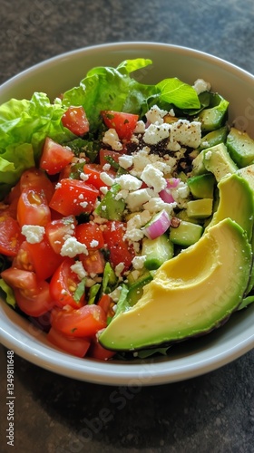 Fresh Vegetable Salad With Avocado and Feta Cheese Served in a Bowl