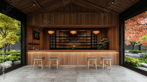 Wallpaper Mural A serene interior featuring a wooden bar with stools and large windows showcasing vibrant outdoor greenery and autumn foliage. Torontodigital.ca