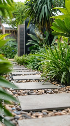 Serene Garden Pathway Lined With Stones and Lush Green Plants in a Tranquil O...