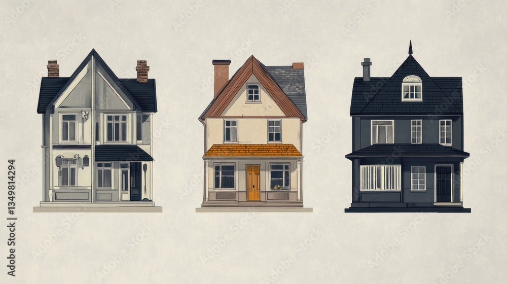 Three houses side by side on plain background. Illustration. Possible real estate use Three houses side by side on plain background. Illustration. Possible real estate use