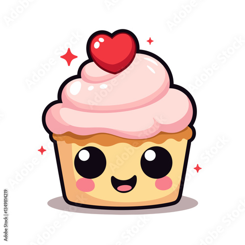 Happy kawaii cupcake with heart, adorable dessert illustration