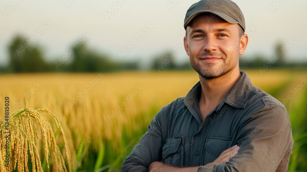 Farmer smiling with arms crossed in cultivated field at sunset Farmer smiling with arms crossed in cultivated field at sunset