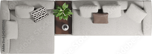 Top view of boucle upholstered sofa with cushions and wooden coffee table