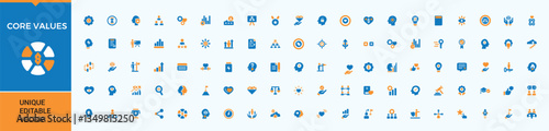 Core Values colorful icon collection. Contains related to company, dependability, design, client, empathy, value and more. Modern flat solid style icons. Editable vector art and illustration.