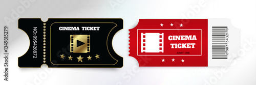 Cinema tickets with barcodes and film-themed design on transparent background with light effects.