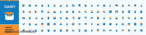 Dairy Products colorful vector solid icon set. Related to dairy foods, beverage, fresh, drink, farm, milk products and more. Modern vector UI icons. Farming simple icon. Vector illustration.