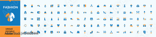 Fashion colorful icon set. Containing suit, dress, clothing, wear, sweater, skirt and more. Modern filled icons. Cloth solid icon. Conceptual pictogram and infographic.