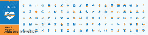 Fitness and Gym colorful icon set. It contains symbols to exercise, fit, muscle, healthy, workout, sport, lifestyle and more. Icons for website. Activity vector solid icon set. Vector illustration.