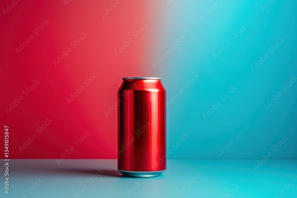 Red aluminum can placed against a dual color background Red aluminum can placed against a dual color background
