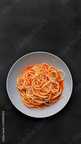 Delicious Spaghetti Topped With Fresh Basil and Tomato Sauce on a Dark Backgr...