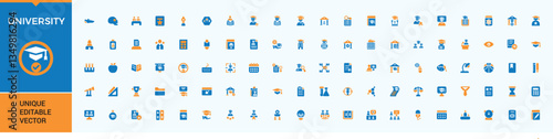 University colorful vector solid icon set. Contain filled symbols education, class, academic, learning, higher education, classroom and more. Minimal icons set. Book icon set. Pixel Perfect.