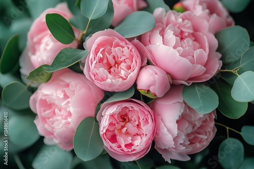 Beautiful Peonies in Soft Pink Bloom With Lush Green Leaves in a Serene Garde...