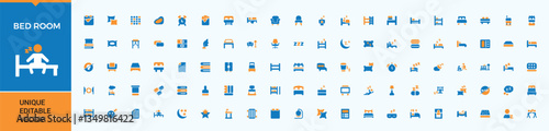 Bedroom colorful icon collection. Includes flat solid symbols sleeping pill, bedtime, bed, slipper and more. Bed Time related icon. Flat filled style icons. Vector illustration.