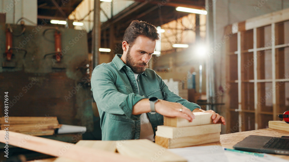 Measuring, stack and woodwork with carpenter man in workshop for manufacturing or production process. Carpentry, construction and development with professional contractor at work for renovation Measuring, stack and woodwork with carpenter man in workshop for manufacturing or production process. Carpentry, construction and development with professional contractor at work for renovation