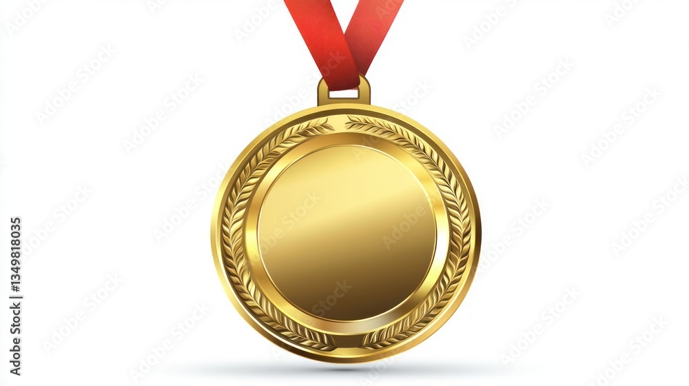 Gold Medal with Red Ribbon, Isolated on White Background, Award, Achievement Gold Medal with Red Ribbon, Isolated on White Background, Award, Achievement