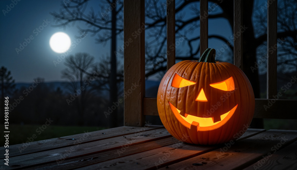 Obraz premium Glowing Halloween pumpkin on wooden porch at night, festive spirit
