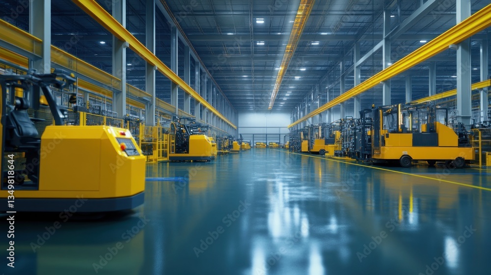 Modern Factory Interior: Rows of Yellow Forklifts in a Clean, Well-Lit Warehouse Modern Factory Interior: Rows of Yellow Forklifts in a Clean, Well-Lit Warehouse