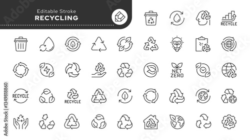 Recycling line icon set. Eco-friendly, eco, reuse, green energy, earth care , recyclable energy, and more. Outline vector icon in linear style. Pictogram collection	