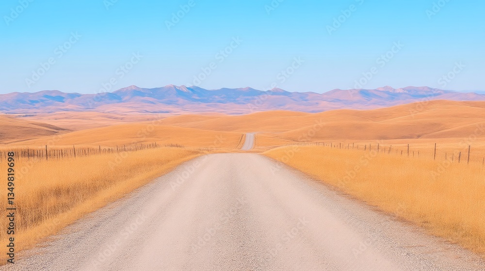 Empty dirt road stretching into golden hills under a clear blue sky Empty dirt road stretching into golden hills under a clear blue sky