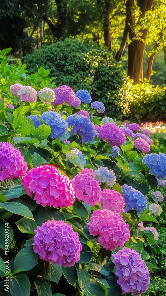 Vibrant Hydrangea Flowers Bloom in a Serene Garden During Golden Hour Light Vibrant Hydrangea Flowers Bloom in a Serene Garden During Golden Hour Light