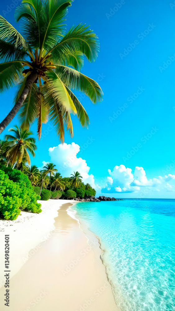 Naklejka premium Tropical beach banner with empty space for text, ocean view, and lush green leaves. A perfect background for travel agencies, vacation ads, summer promotions, and marketing materials.