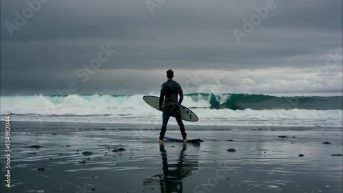 Lone male surfer standing on the beach facing rough ocean waves on a cloudy day, contemplating the sea before entering, solitude and adventure in coastal lifestyle