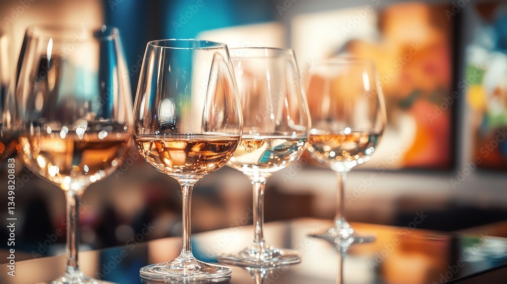 Elegant Wine Glasses Holding Rose Wine on Glass Table Indoors