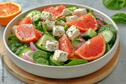 Fresh Citrus Salad With Spinach, Cucumber, and Feta on a Wooden Serving Board